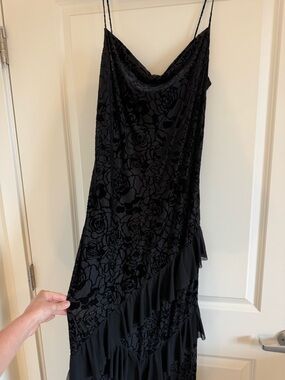 Reformation Black Velvet Floral Asymmetrical Slip Dress